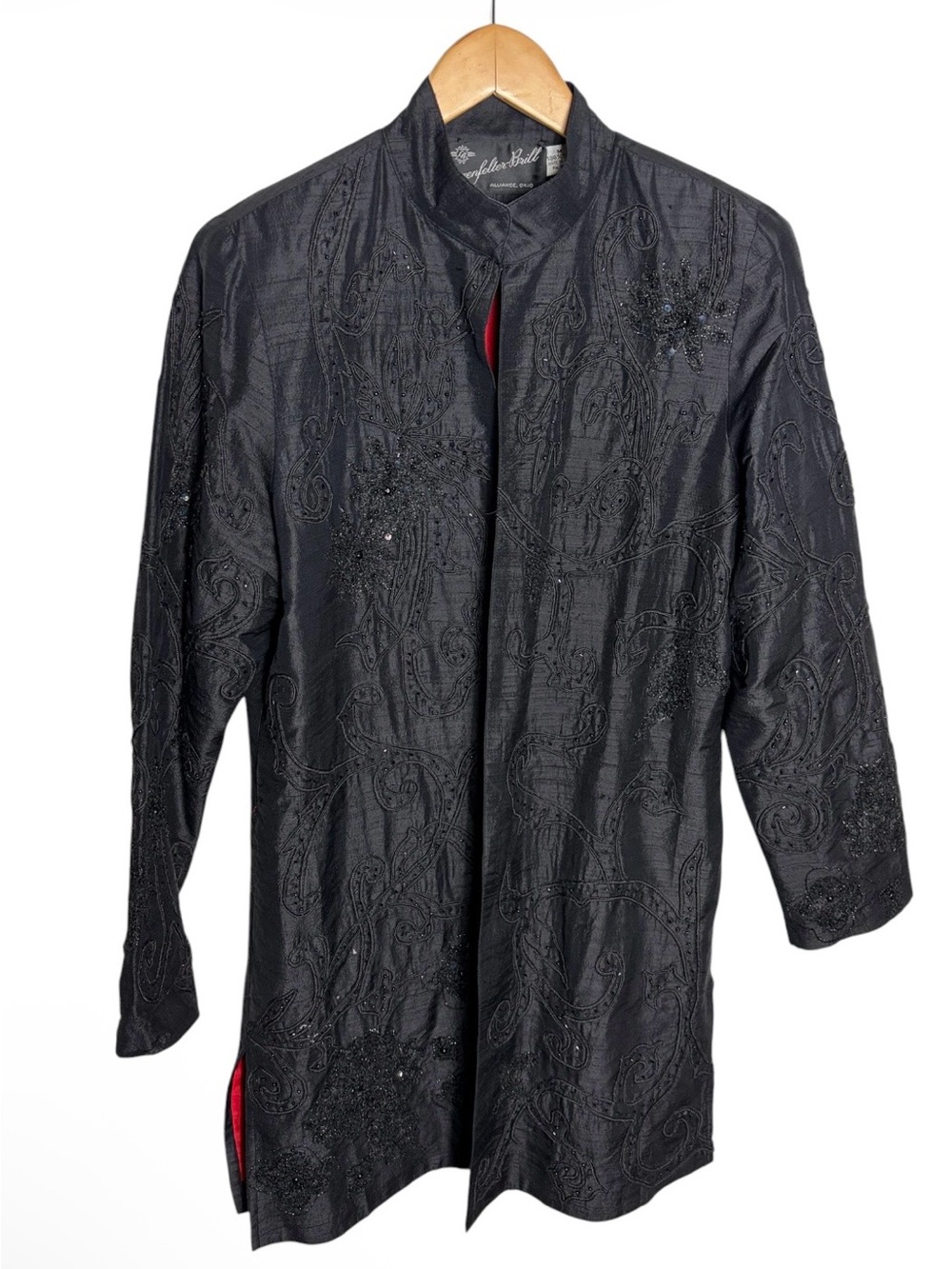 Vintage Lingenfelter-Brill black beaded embroidered silk mandarin collar coat M